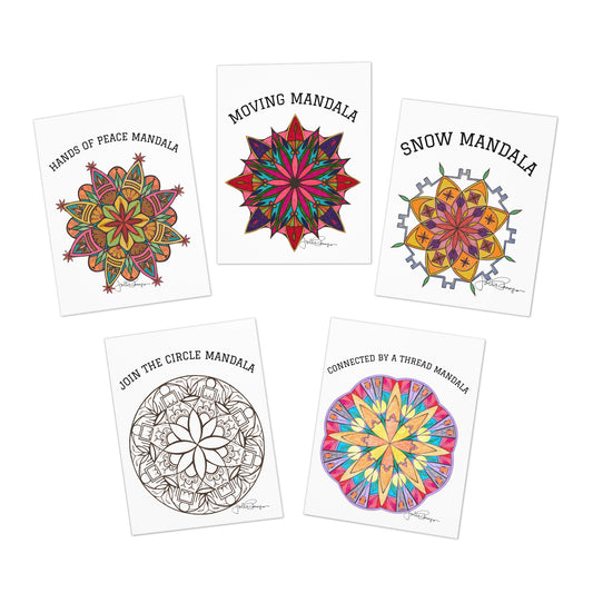 Five colorful mandala designs on white cards with text labels.