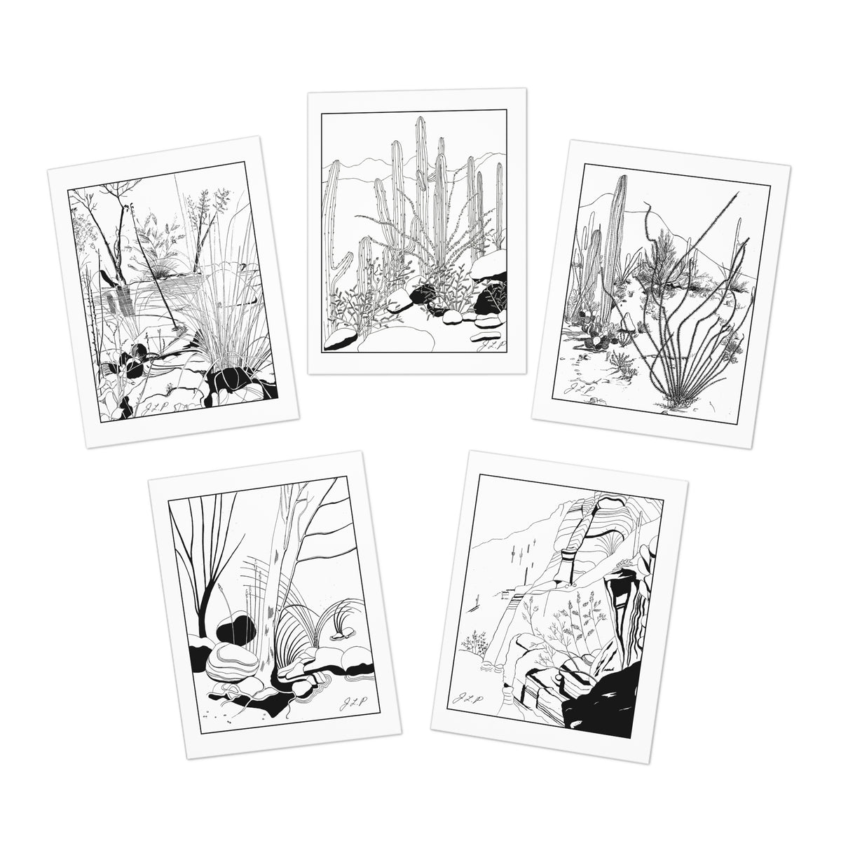 Five black and white desert landscape art prints representing Sabino Canyon in Tucson, AZ, with white borders, arranged on a plain white background.  Cards are blank inside.