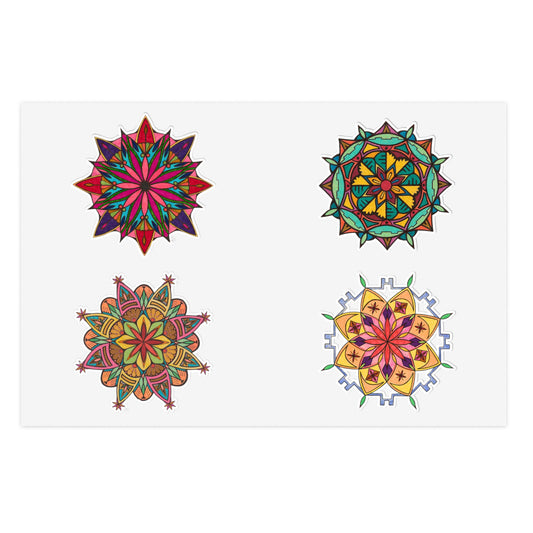 Waterproof Vinyl stickers featuring four colorful mandala designs arranged in a 2x2 grid on a white rectangular card or sheet.  Available in three variations.