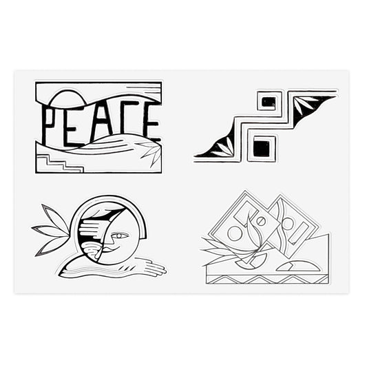 Waterproof Vinyl Sticker sheets, featuring four black-and-white abstract geometric and symbolic illustrations arranged in a 2x2 grid, including the word 'PEACE' in a stylized block design, angular line art, a crescent face with leaf-like extensions, and overlapping diamond shapes.  Three variations available.