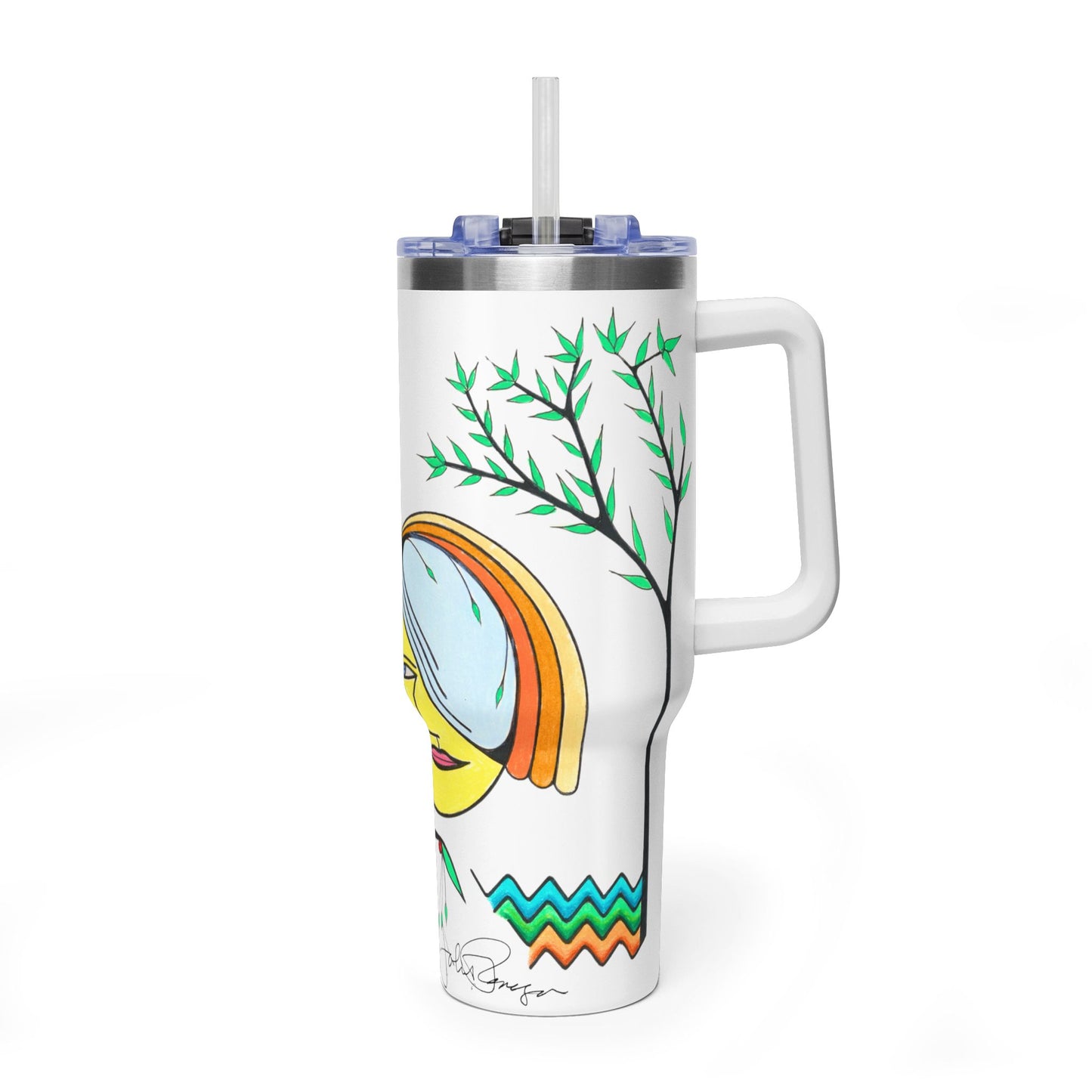 Colorful abstract design on a 40 oz insulated tumbler with a white background
