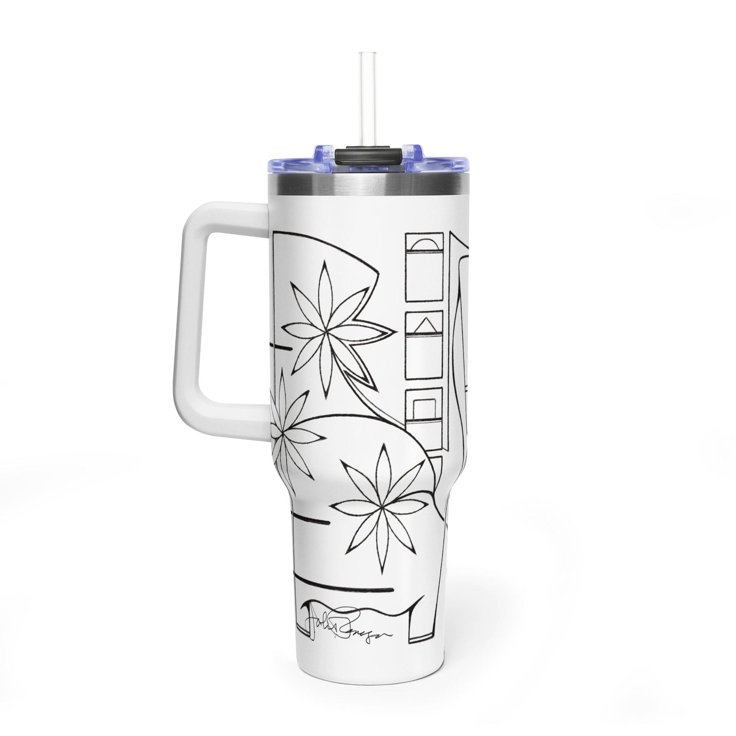 White tumbler with black floral design on a white background