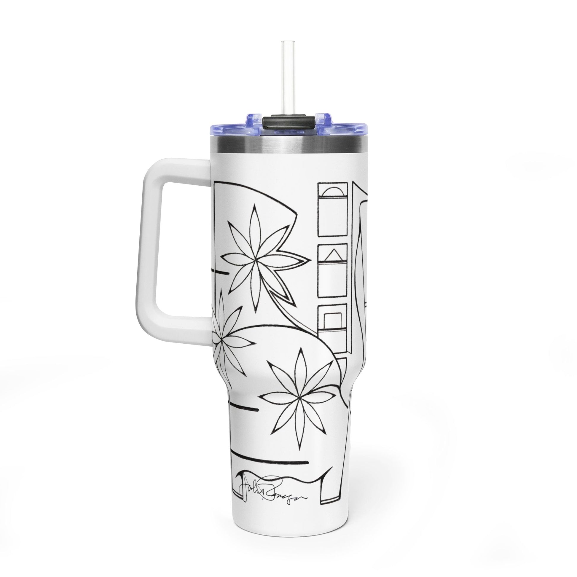 White tumbler with black floral design on a white background