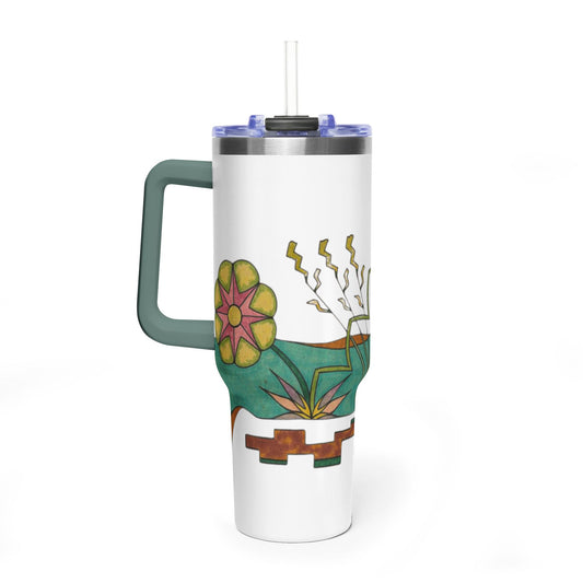  white insulated travel tumbler with a dark green handle, a clear straw lid, and a colorful printed design featuring a flower, leaves, and abstract shapes on the front.  Available in several different handle colors.