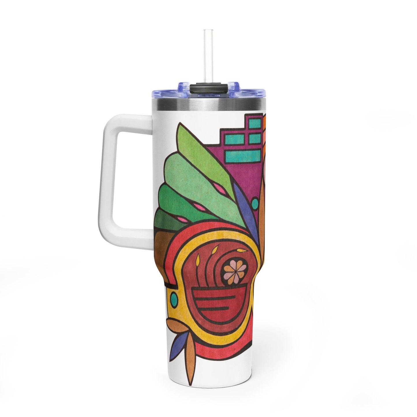 Colorful tumbler with a handle and straw on a white background
