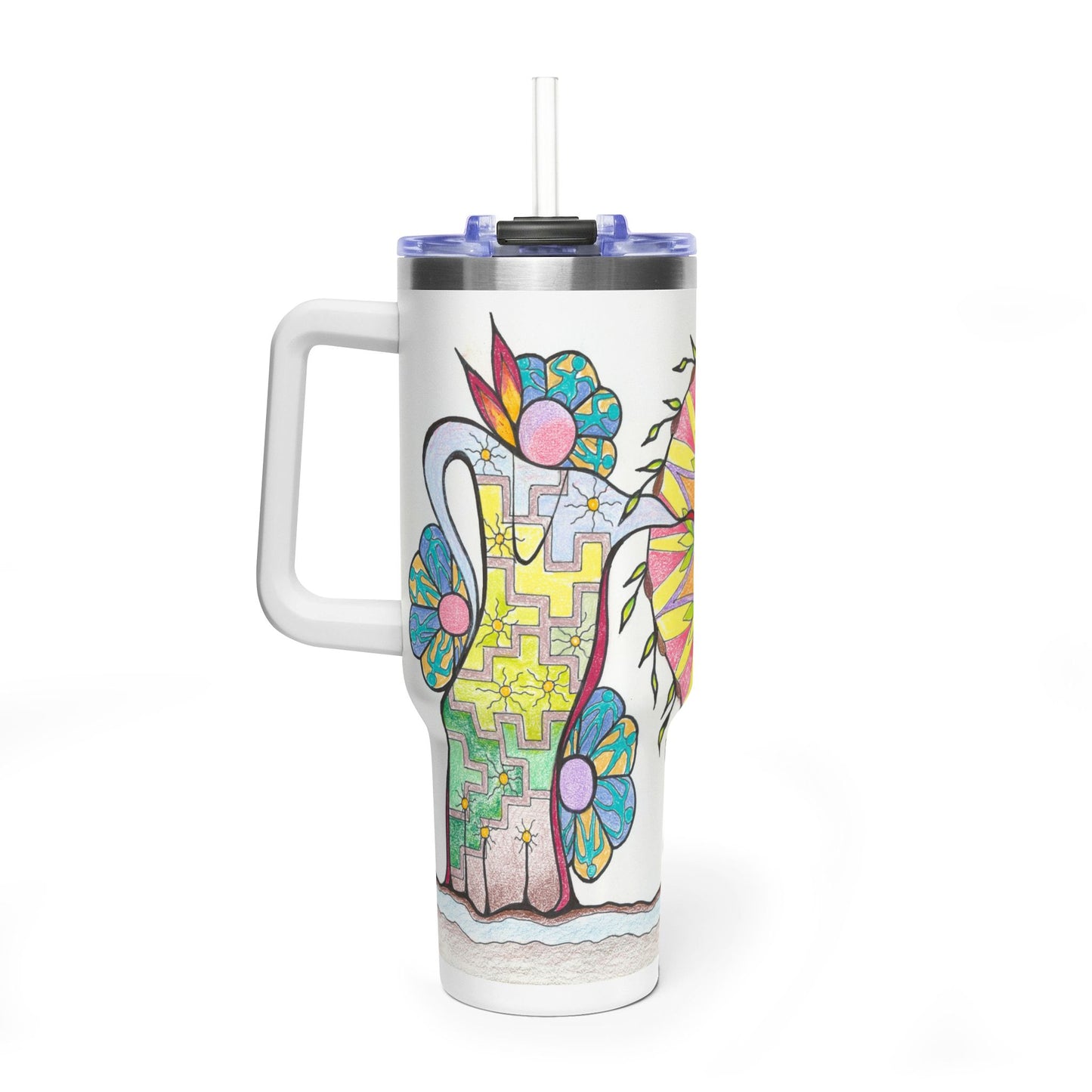 Tumbler with a colorful design representing Native American heritage on a white background