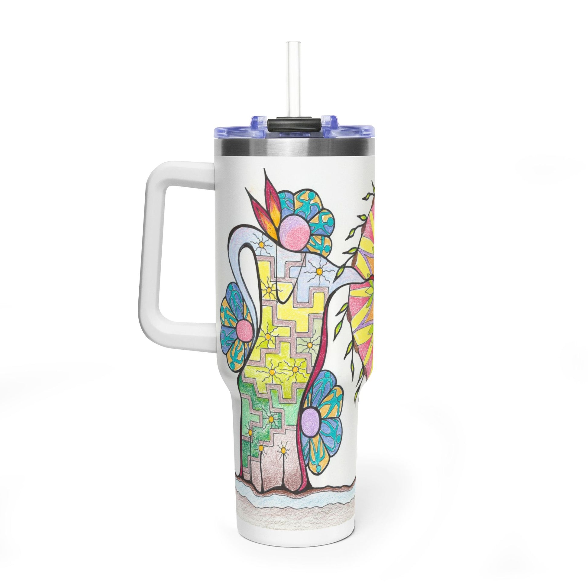 Tumbler with a colorful design representing Native American heritage on a white background