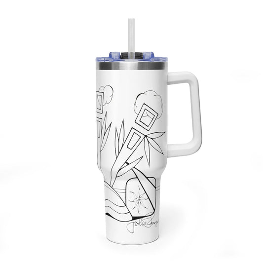 A  travel tumbler with a clear straw and a black line art abstract graphic of a cactus and leaves. The tumbler has a clear  lid and is shown on a clean white background.  Handles in various colors
