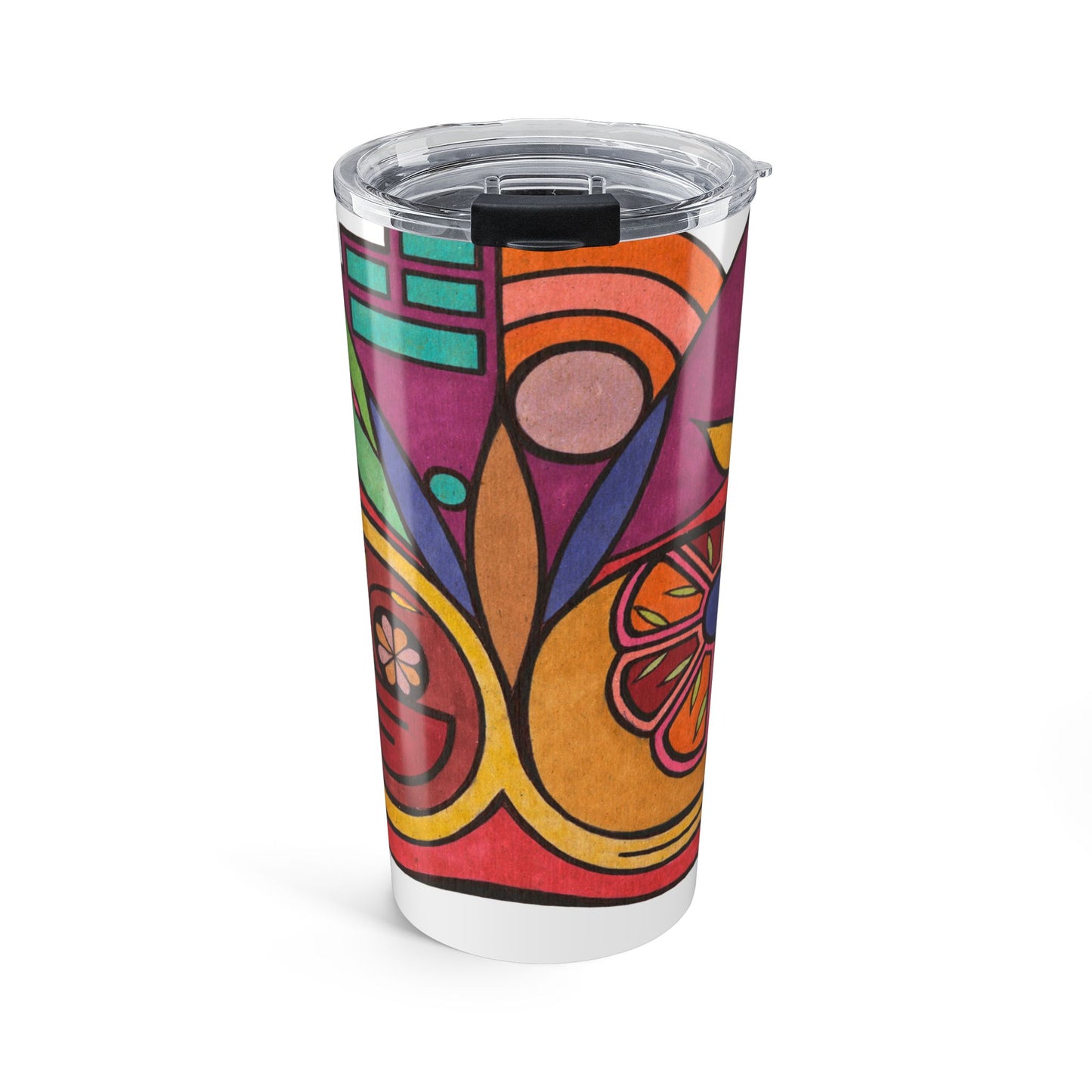 Colorful tumbler with abstract design on a white background