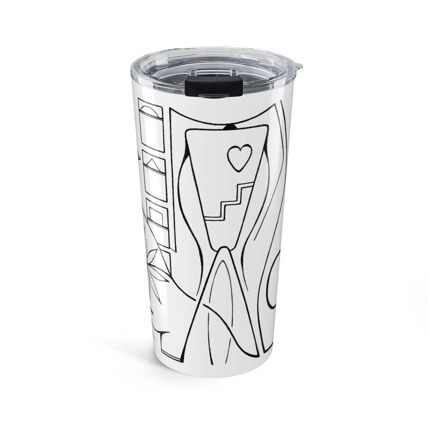 Clear tumbler with black abstract design on a white background