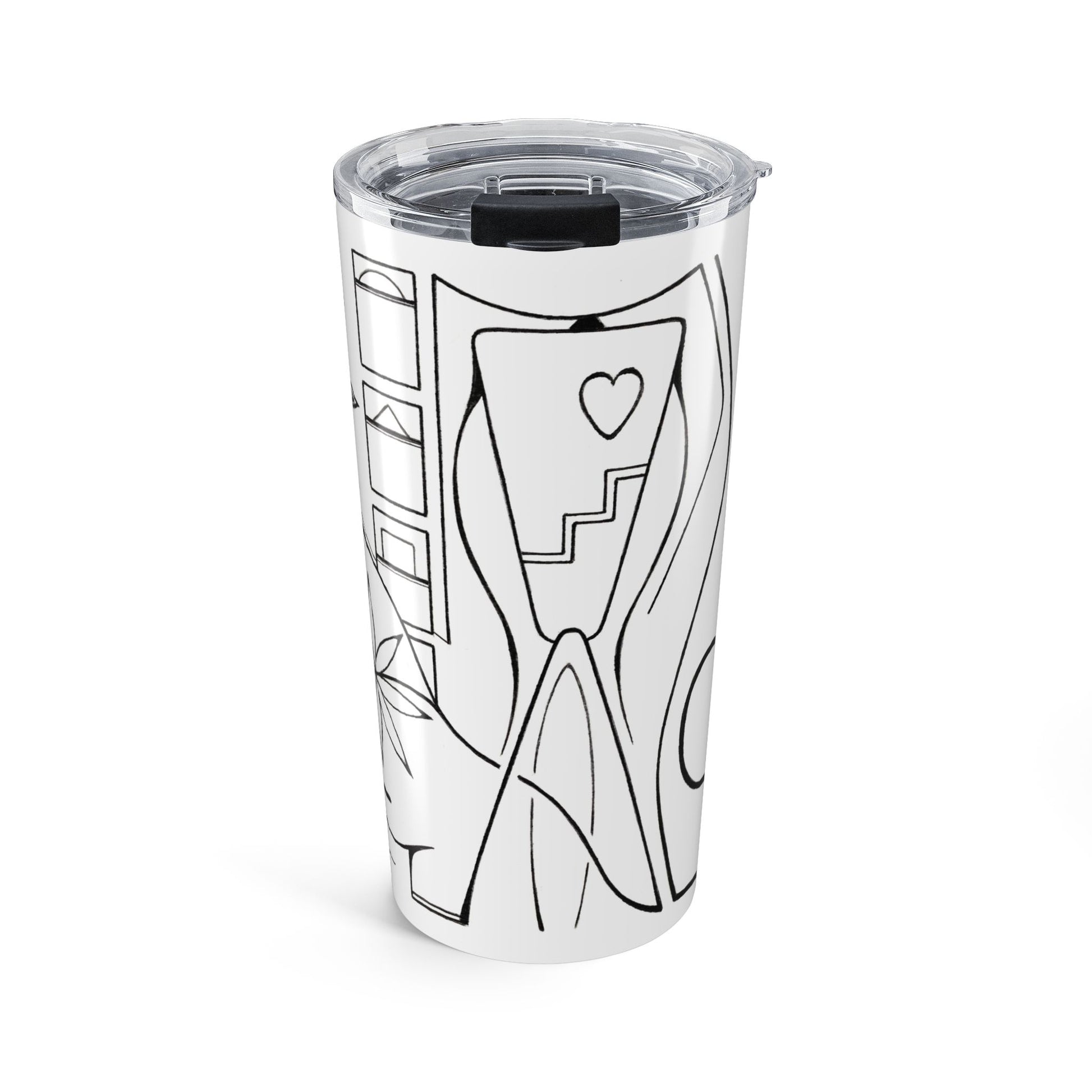 Clear tumbler with black abstract design on a white background