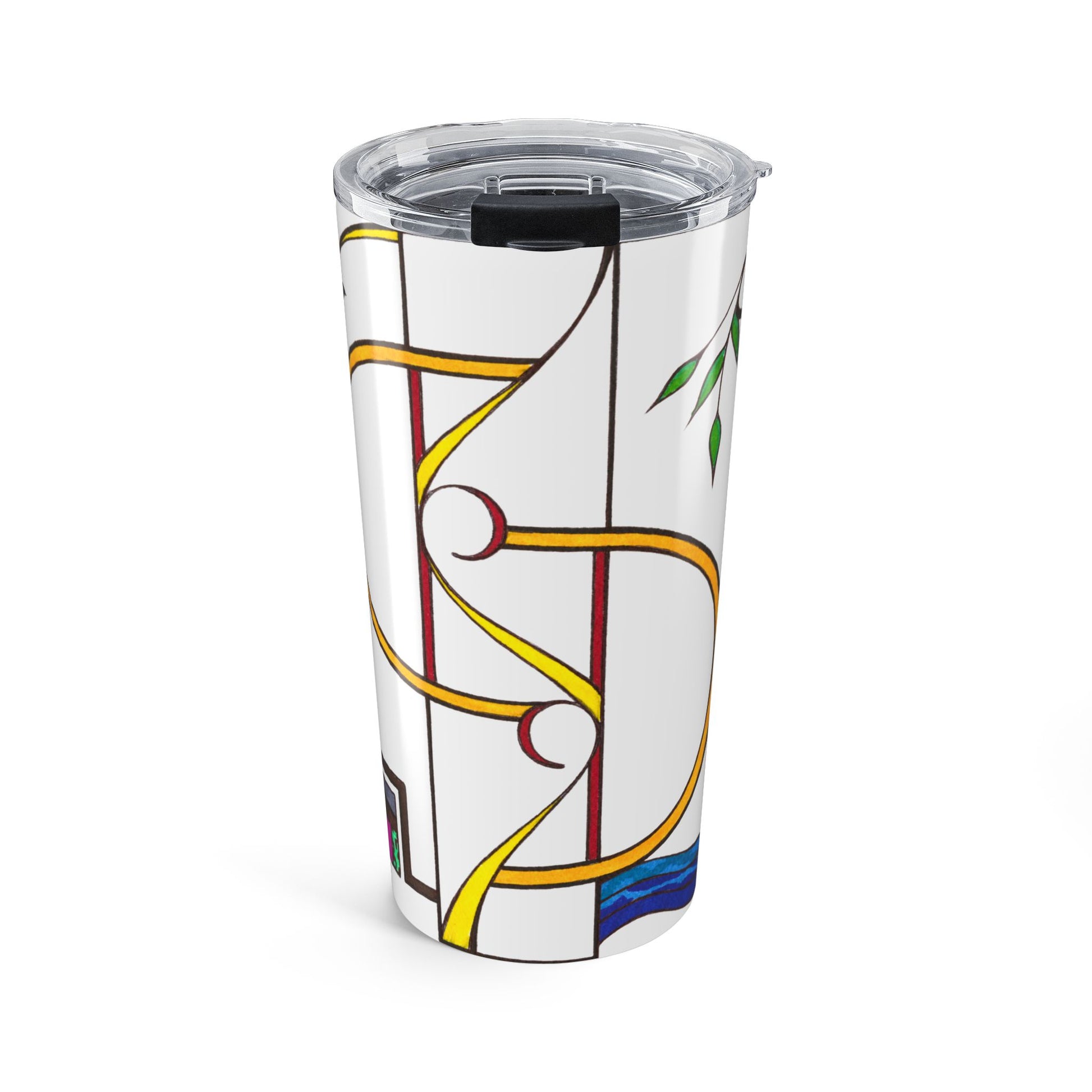 Tumbler with colorful abstract design on a white background