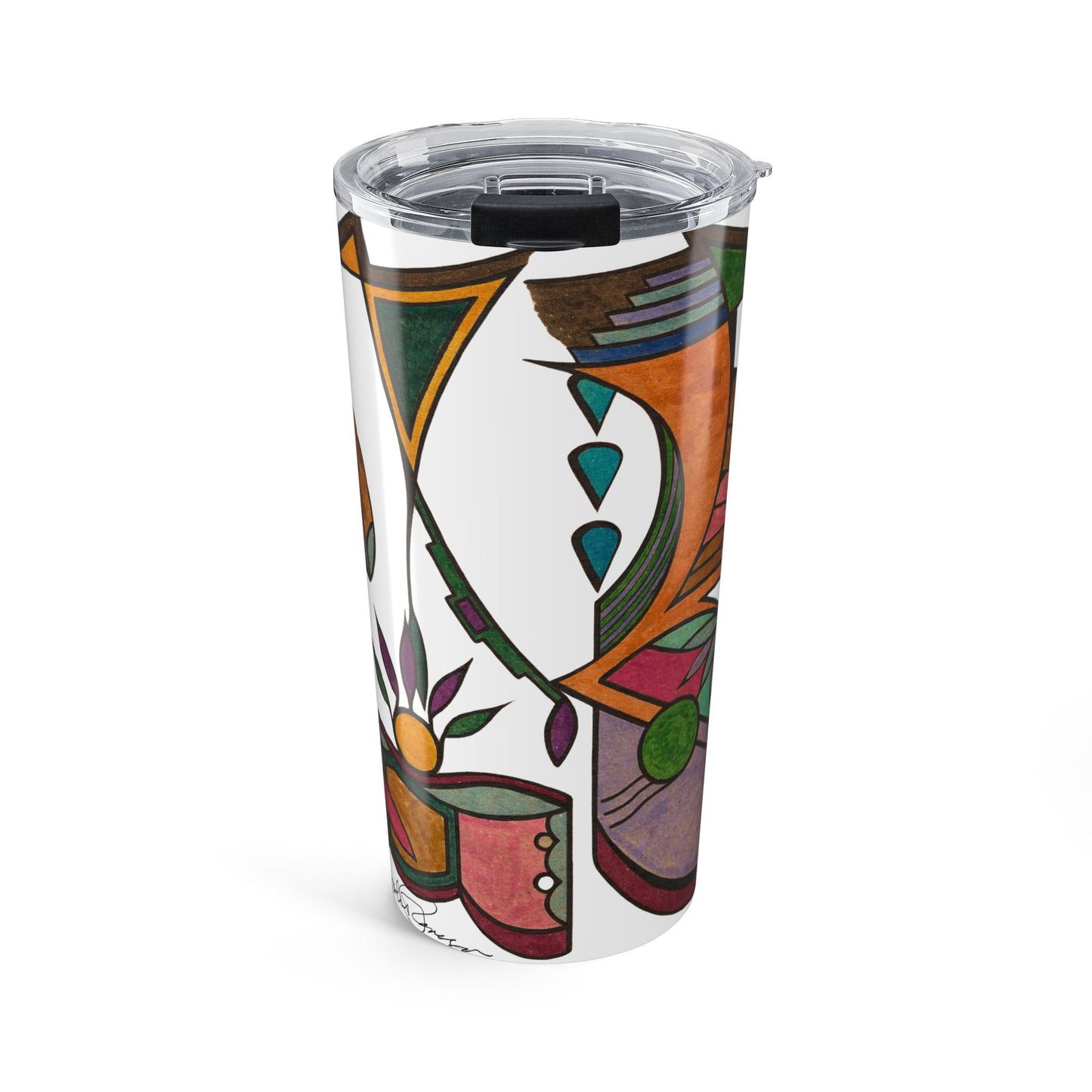 Colorful tumbler with abstract design on a white background