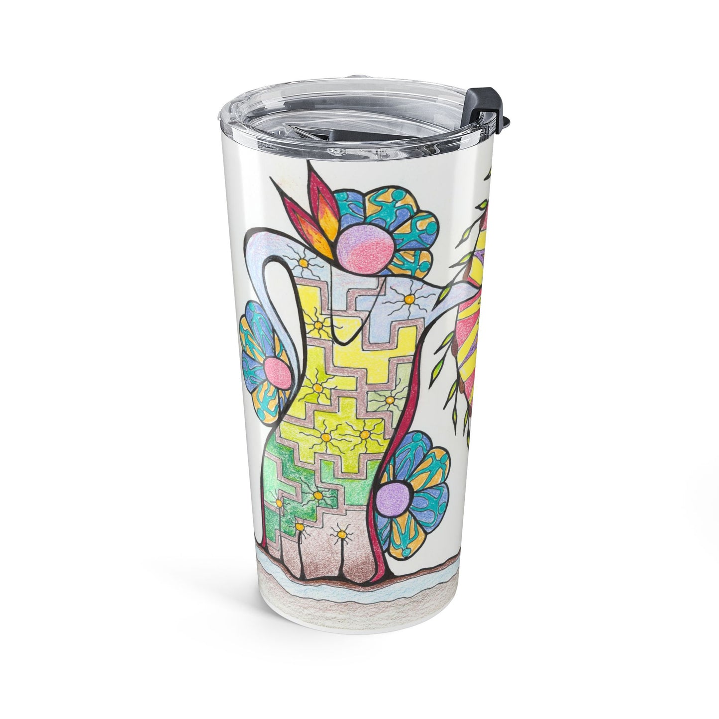 Colorful tumbler with abstract Native American design on a white background