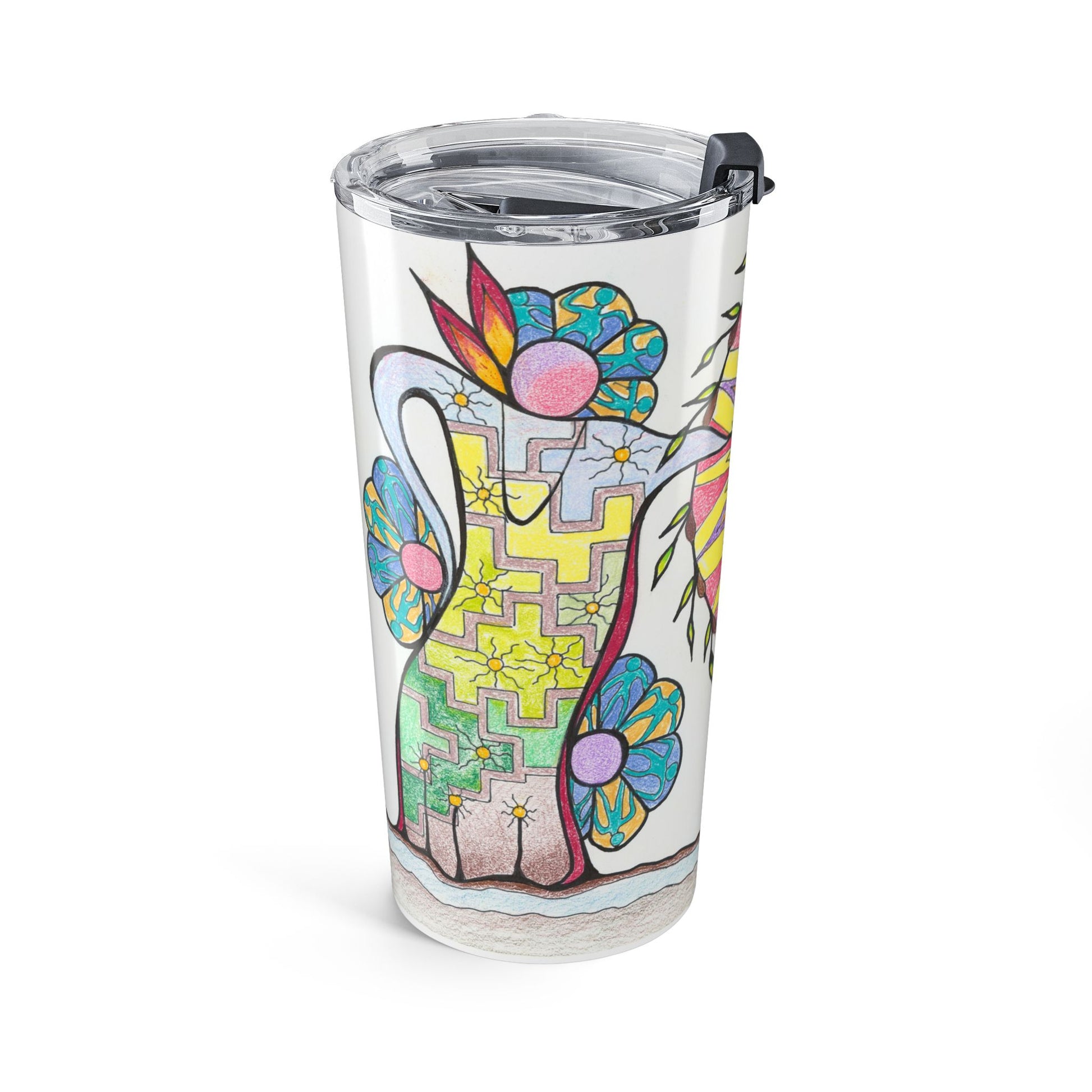 Colorful tumbler with abstract Native American design on a white background