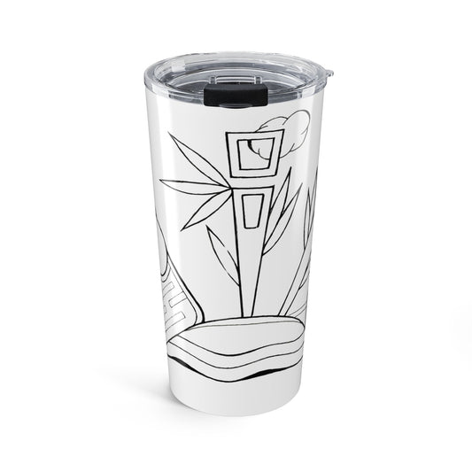 Clear tumbler with black line art design on a white background