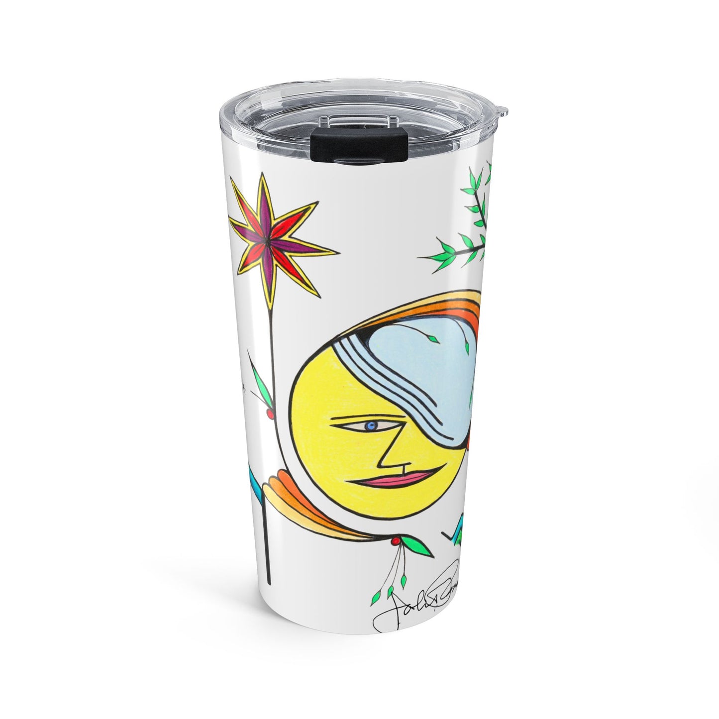 Tumbler with colorful abstract design on a white background