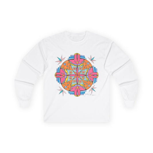 A white long-sleeve crewneck t-shirt featuring a colorful, symmetrical mandala graphic printed on the chest. The graphic contains pink, orange, yellow, and blue geometric and floral elements.  Shirt available in different colors.