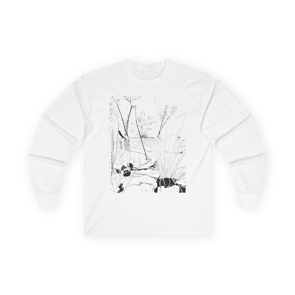 A white long-sleeve crewneck t-shirt featuring a black and white minimalist line art graphic representing the beauty of Sabino Canyon in Tucson, AZ.  Shirt comes in different colors.