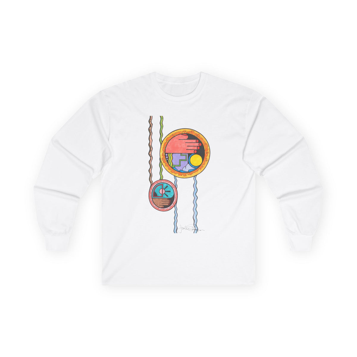 A white long-sleeve crewneck t-shirt featuring a colorful graphic print of hanging, abstractly drawn circular and wavy elements in orange, pink, yellow, blue, and green on the chest.  Shirt available in different colors.