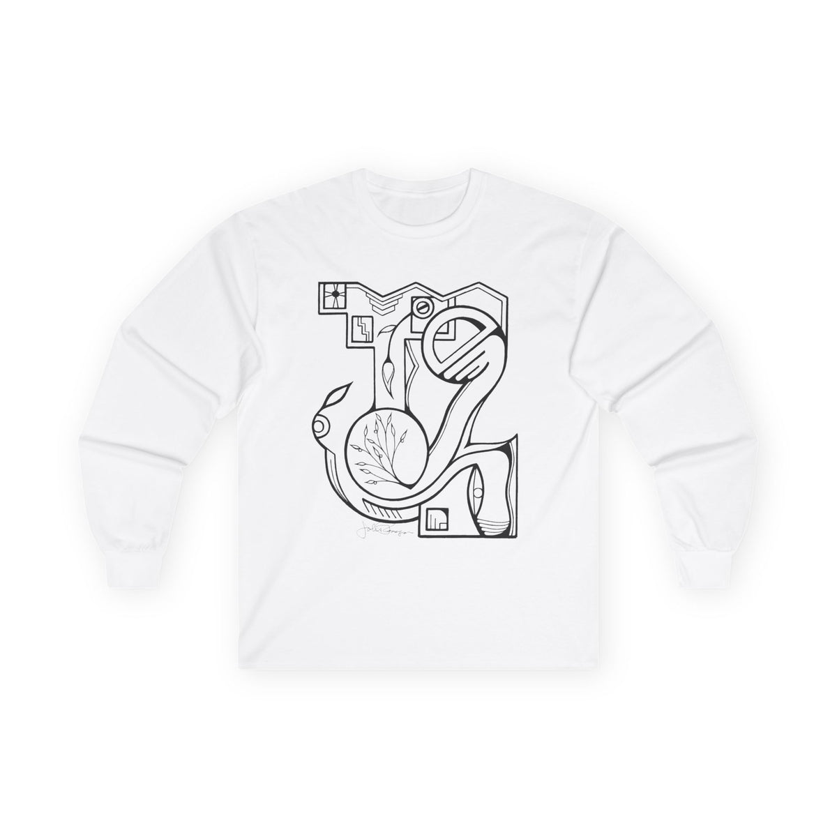 A white long-sleeve t-shirt with a black line art graphic on the chest, displayed on a clean white background.  Shirt available in different colors.