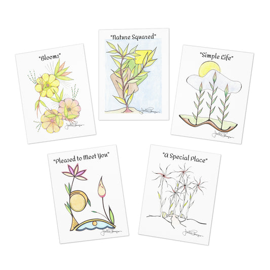 Set of five illustrated cards with nature-themed designs on a white background