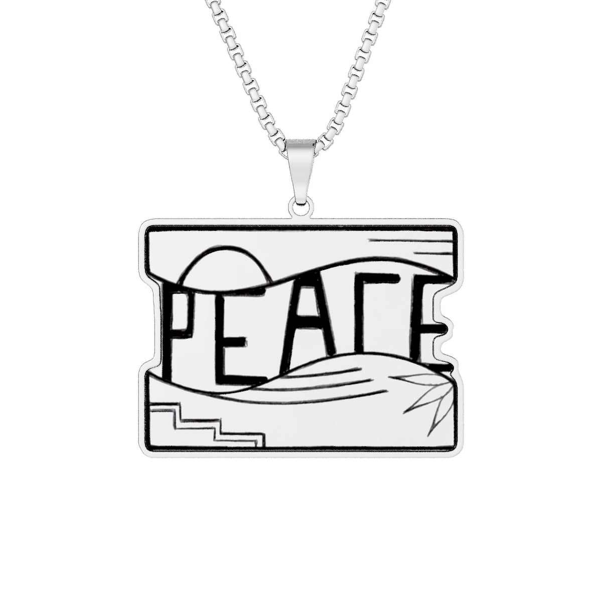 A silver rectangular pendant necklace featuring a black and white graphic design with the word 'PEACE' integrated into stylized waves and geometric shapes, suspended from a silver box chain against a plain white background.  Also available in Stainless Steel and Gold.