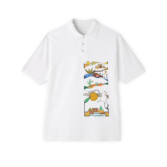 A white short-sleeve polo shirt with a vertical graphic print on the chest featuring abstract illustrations in yellow, blue, green, and orange. This represents the daily walk of the artist through Sabino Canyon in Tucson, AZ.