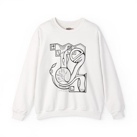 An off-white crewneck sweatshirt featuring a large black graphic print  on the front, displayed against a clean white background.  Sweatshirt available in different colors.