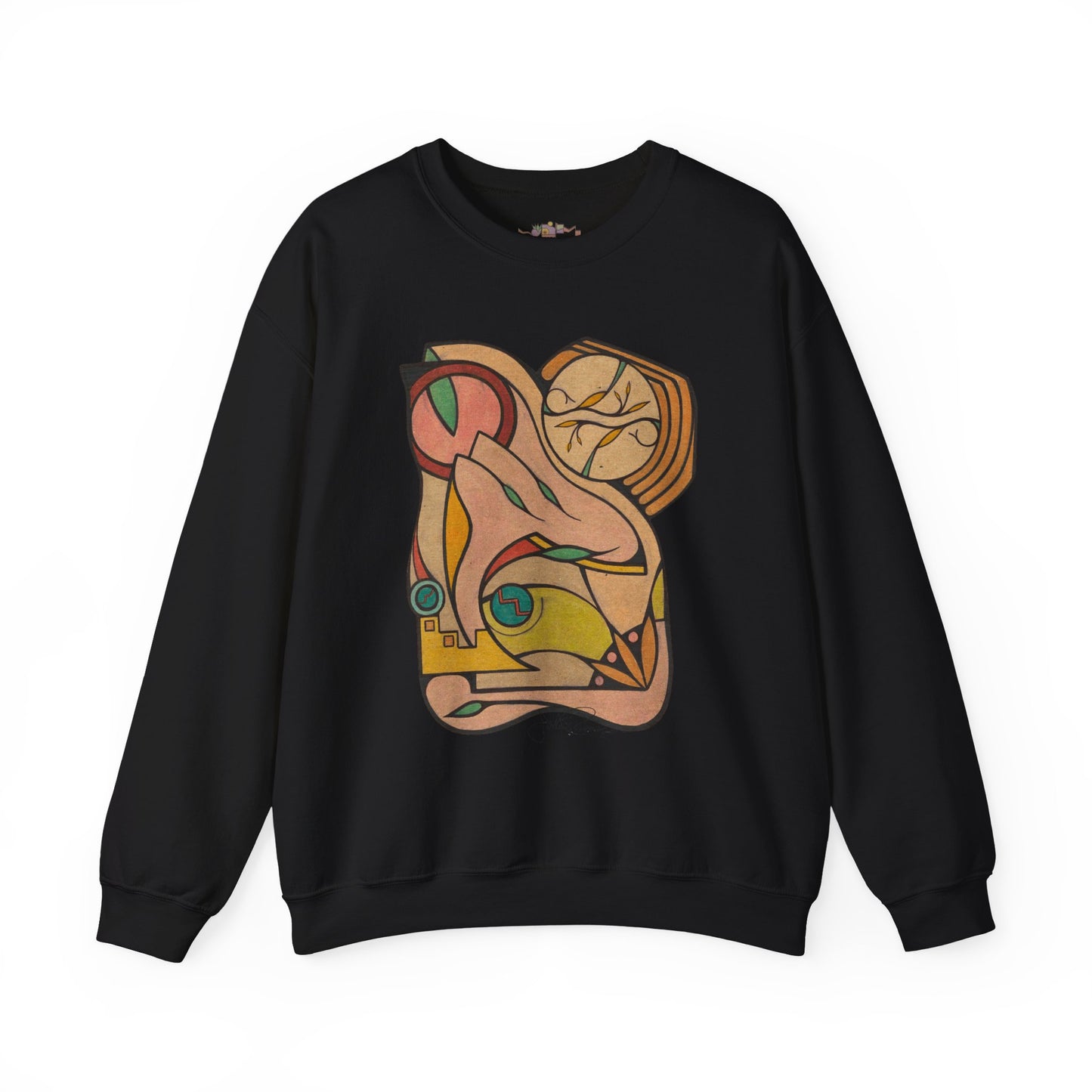 Black sweatshirt with colorful abstract design 