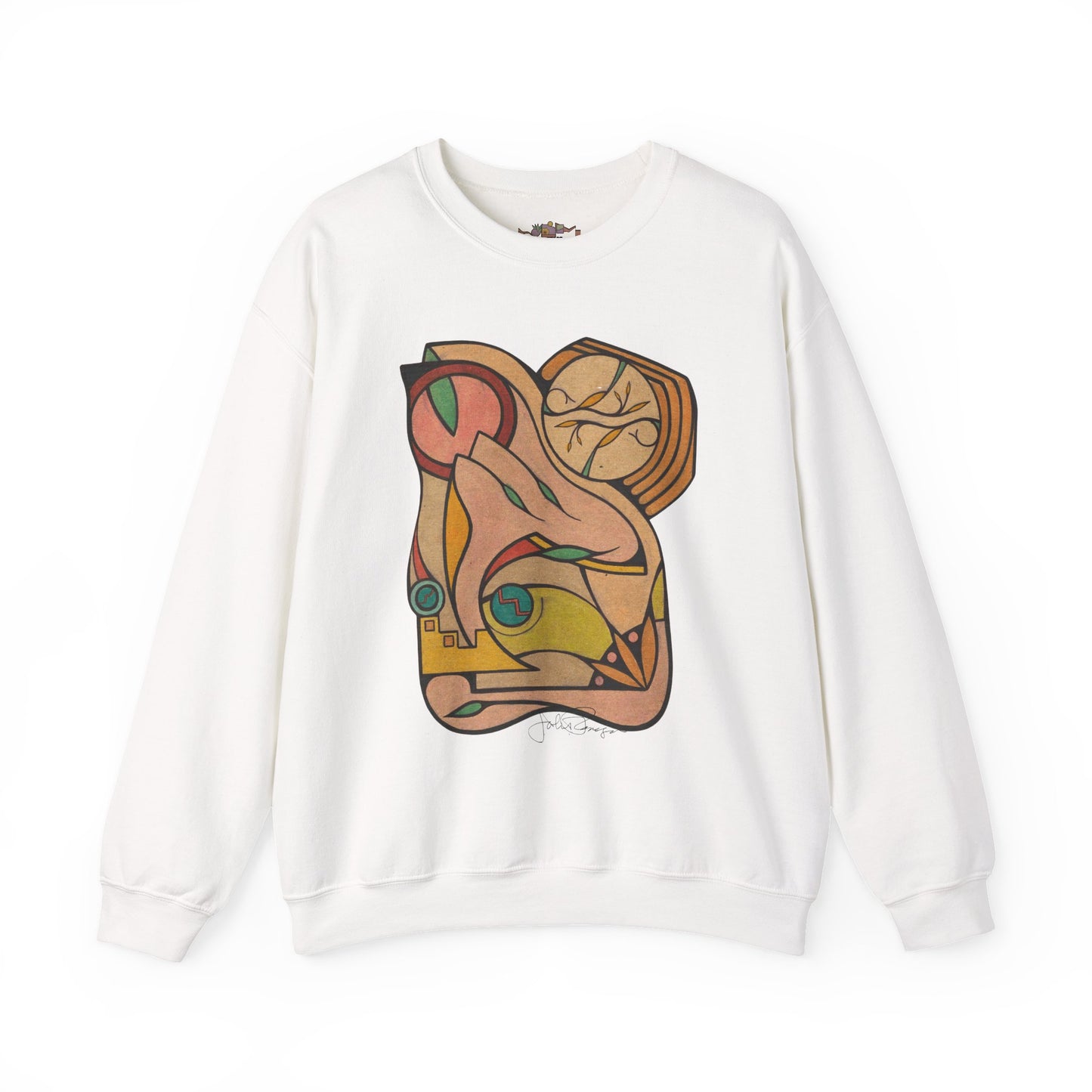 White sweatshirt with a colorful abstract design on a white background