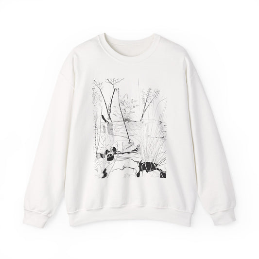 An off-white crewneck sweatshirt featuring a black and white line art graphic of Sabino Canyon in Tucson, AZ.  Sweatshirt comes in different colors.