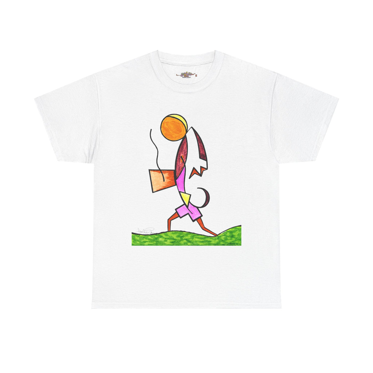 A white short-sleeve crewneck t-shirt featuring a colorful graphic print of a stylized, abstract walking figure on a green grassy base.  Shirt available in different colors.