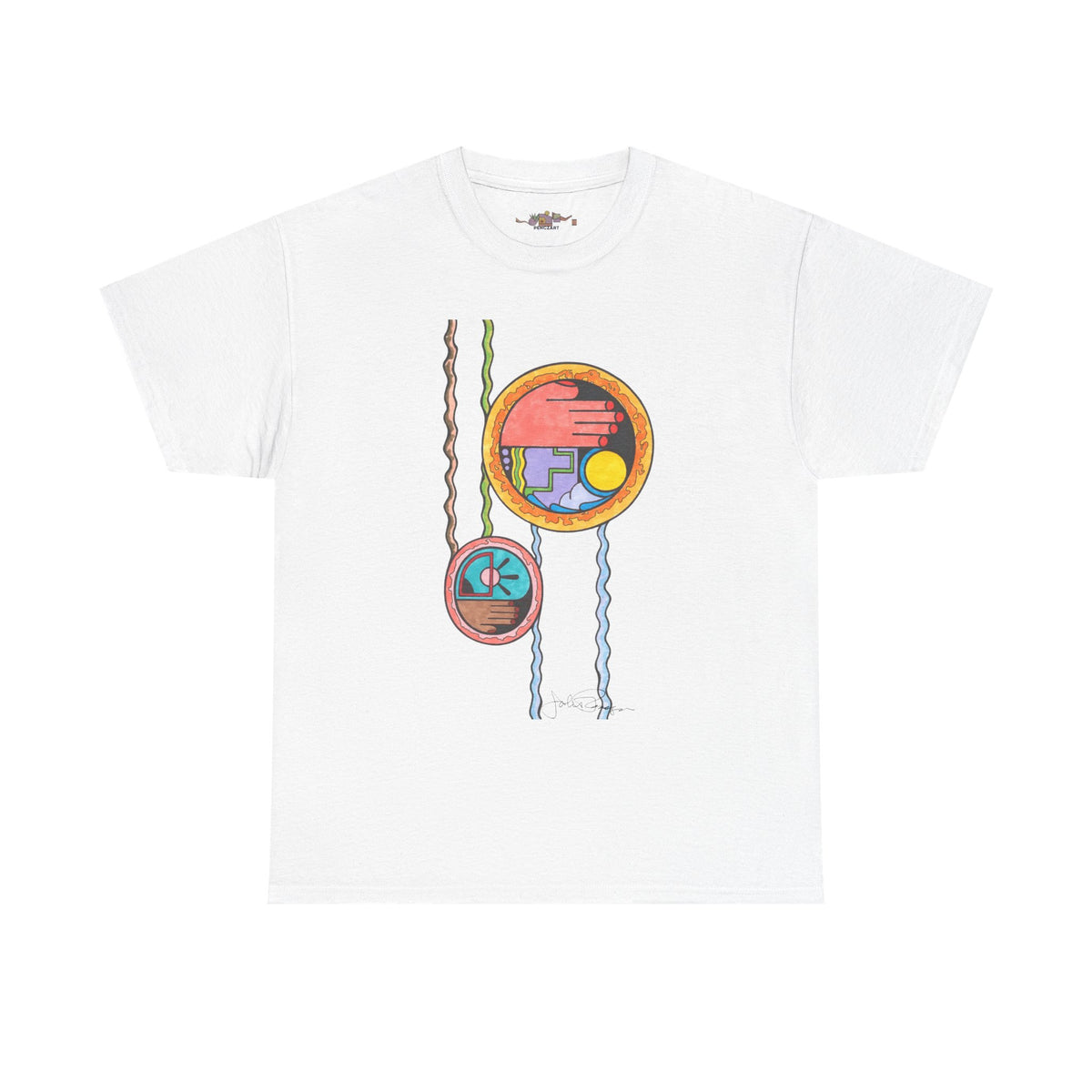 A white short-sleeve crewneck t-shirt featuring a colorful graphic print of hanging circular ornaments with abstract patterns.  Shirt available in different colors.