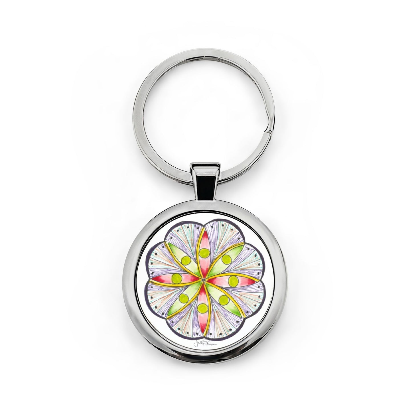 Keychain with a colorful mandala design on a white background