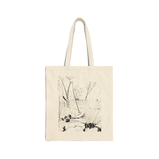 An off-white canvas tote bag with long handles, featuring a black ink-style illustration of Sabino Canyon in Tucson, AZ.