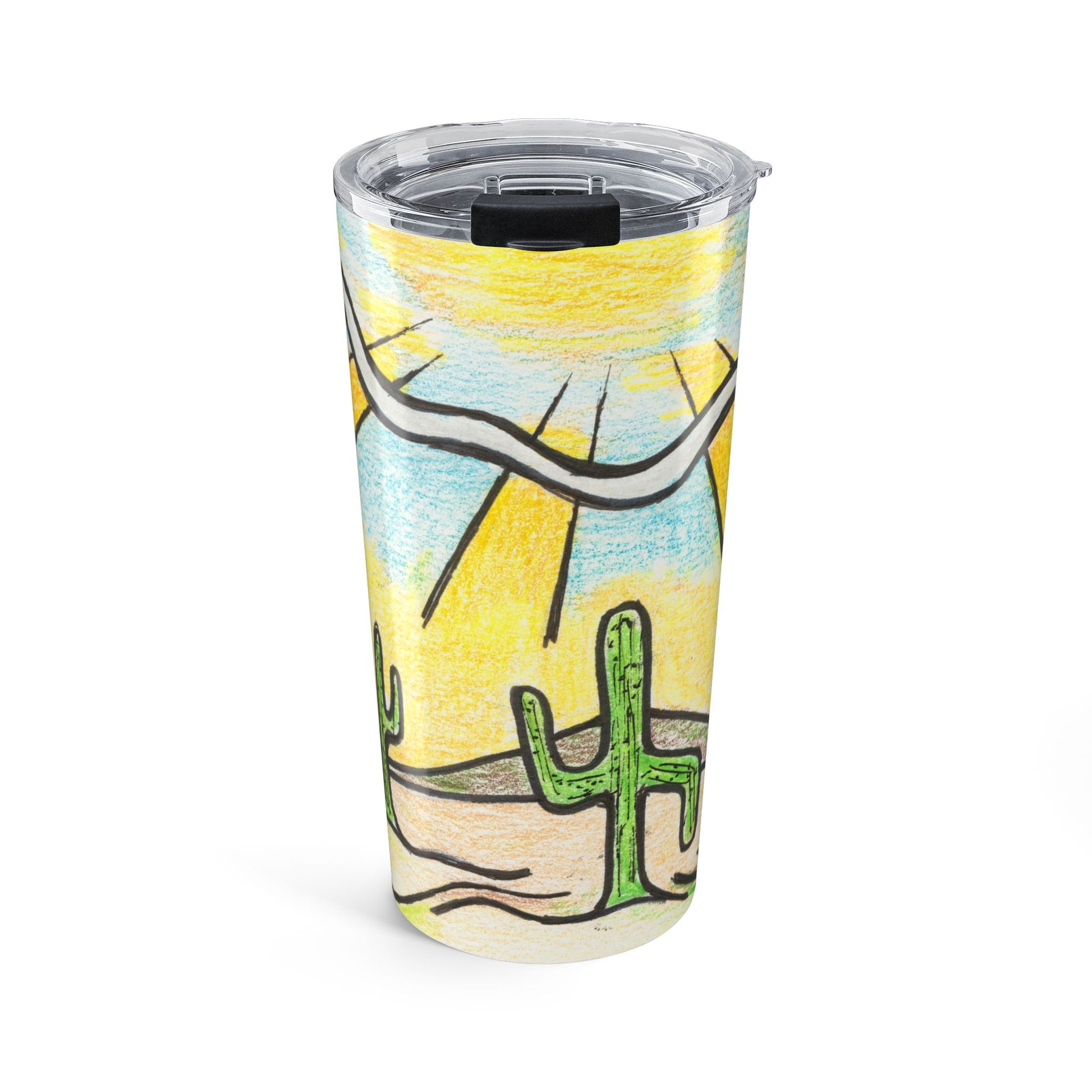 Tumbler with Sonoran desert scene design featuring a cactus  on a white background