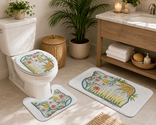 A coordinated bathroom mat set styled in a bright bathroom, featuring a toilet lid cover, a small floor mat, and a larger rectangular floor rug with a colorful floral  design on a white background.